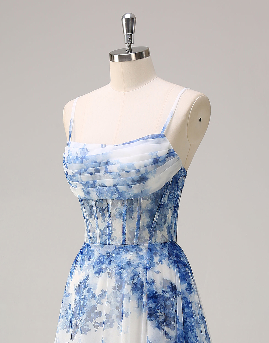 White Blue Flower A-Line Spaghetti Straps Corset Ruched Long Prom Dress with Slit