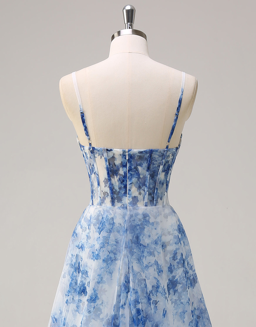 White Blue Flower A-Line Spaghetti Straps Corset Ruched Long Prom Dress with Slit