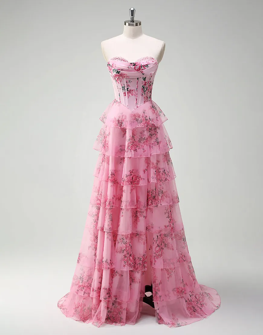 Berlinnova Women Puff Princess Blush Flower Long Prom Dress A-Line Strapless Corset Ruffles Ball Gown with Slit