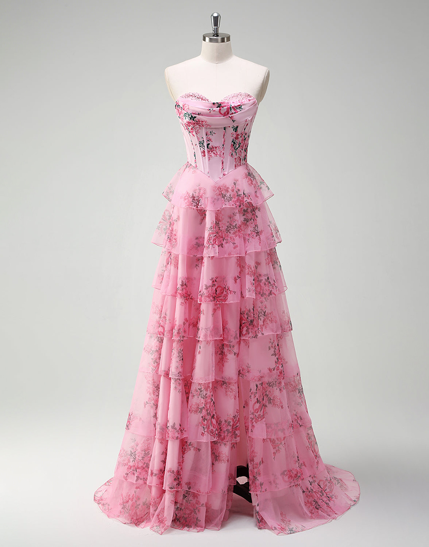 Berlinnova Women Blush Flower Long Prom Dress Ball Gown Strapless Corset Tiered Tulle Pageant Dress with Slit