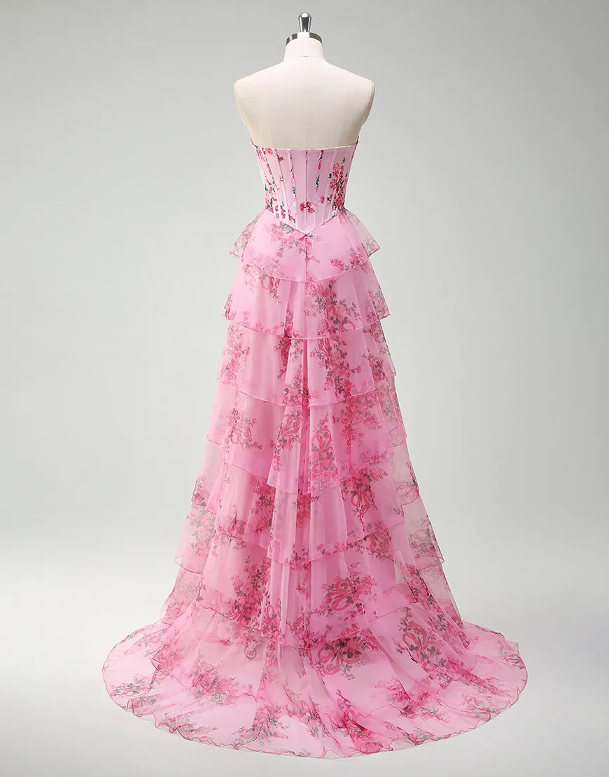 Berlinnova Women Puff Princess Blush Flower Long Prom Dress A-Line Strapless Corset Ruffles Ball Gown with Slit