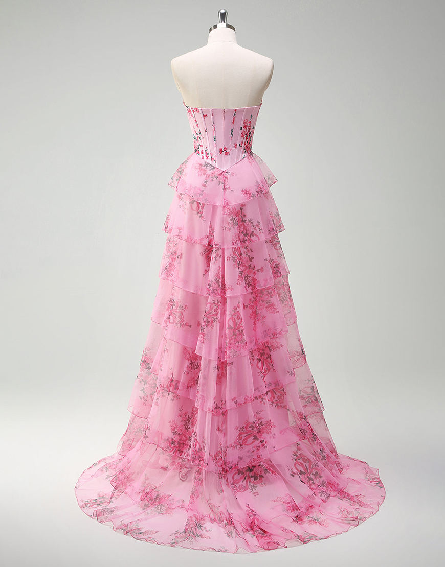 Berlinnova Women Blush Flower Long Prom Dress Ball Gown Strapless Corset Tiered Tulle Pageant Dress with Slit