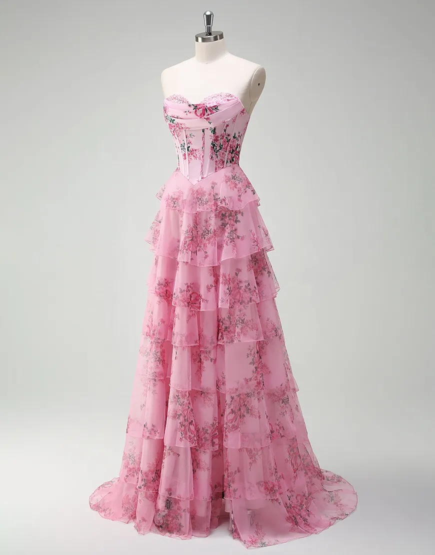 Berlinnova Women Puff Princess Blush Flower Long Prom Dress A-Line Strapless Corset Ruffles Ball Gown with Slit