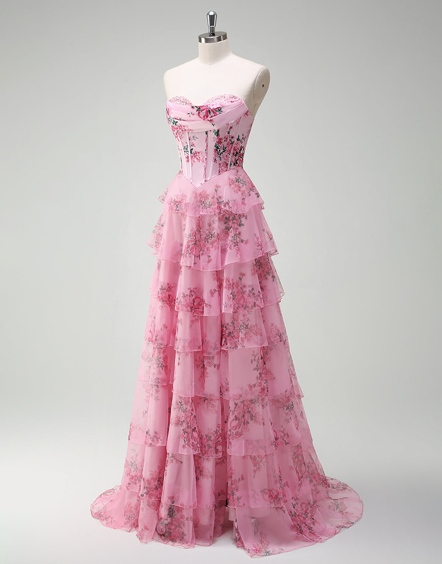 Blush A-Line Floral Strapless Corset Tiered Long Prom Dress with Slit