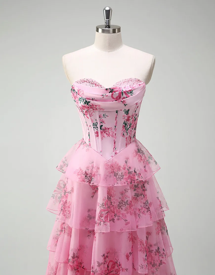 Berlinnova Women Puff Princess Blush Flower Long Prom Dress A-Line Strapless Corset Ruffles Ball Gown with Slit