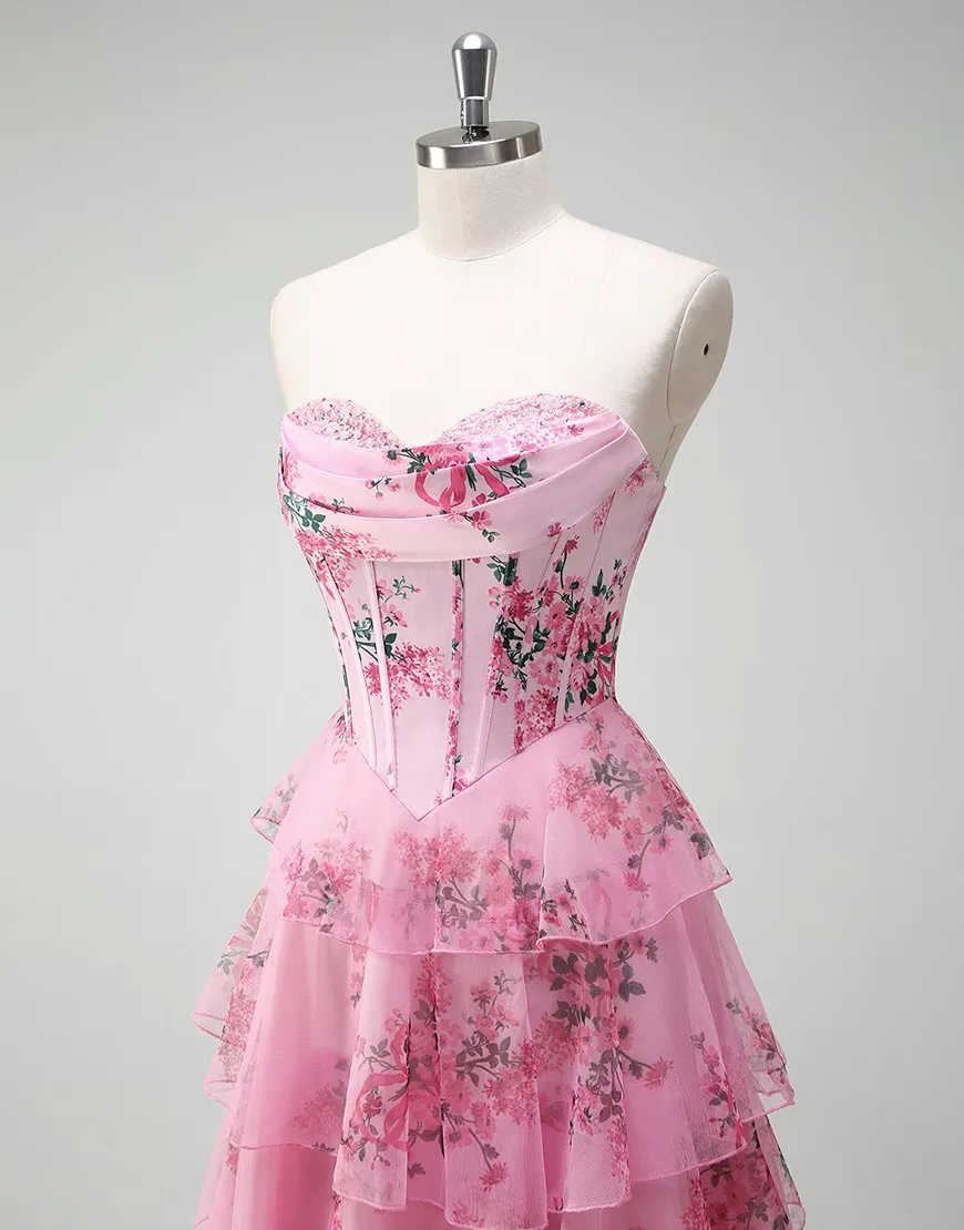 Berlinnova Women Puff Princess Blush Flower Long Prom Dress A-Line Strapless Corset Ruffles Ball Gown with Slit