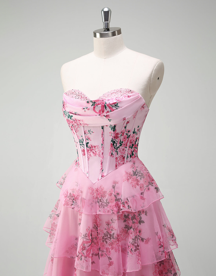 Berlinnova Women Blush Flower Long Prom Dress Ball Gown Strapless Corset Tiered Tulle Pageant Dress with Slit