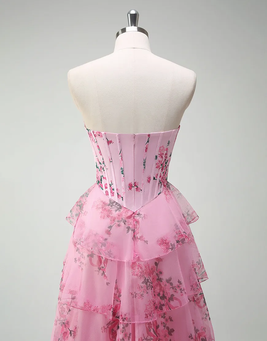 Berlinnova Women Puff Princess Blush Flower Long Prom Dress A-Line Strapless Corset Ruffles Ball Gown with Slit