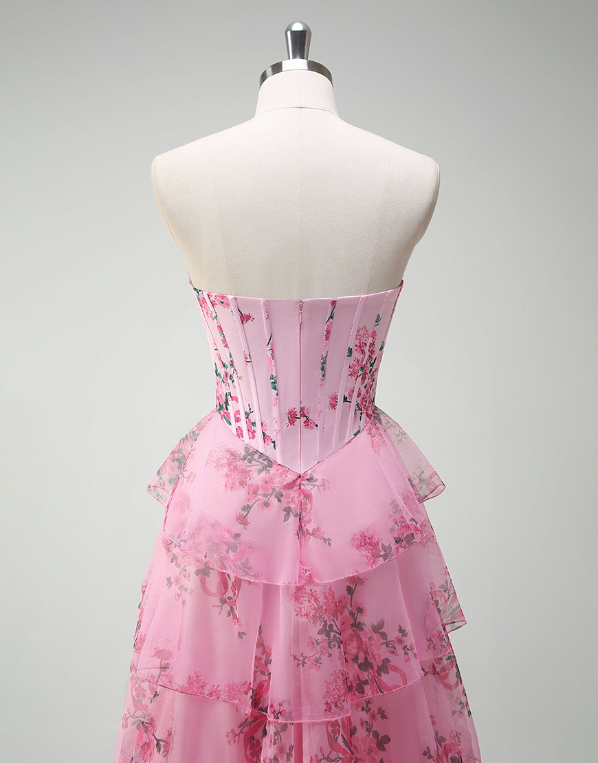 Berlinnova Women Blush Flower Long Prom Dress Ball Gown Strapless Corset Tiered Tulle Pageant Dress with Slit