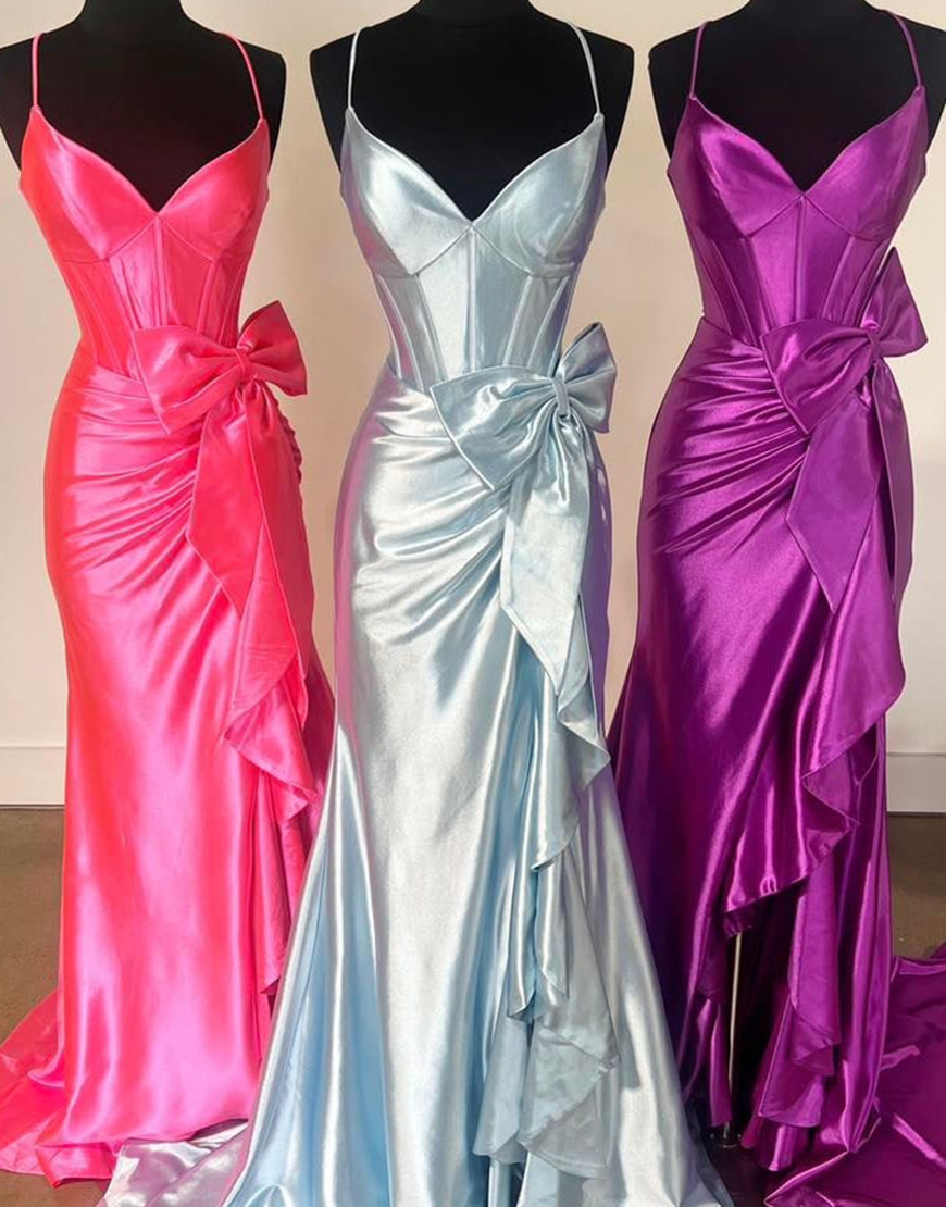 Hot Pink Mermaid Spaghetti Straps Corset Satin Bow Long Prom Dress with Slit
