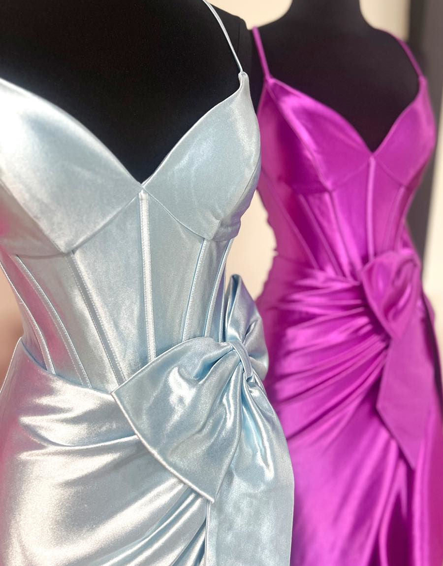 Hot Pink Mermaid Spaghetti Straps Corset Satin Bow Long Prom Dress with Slit