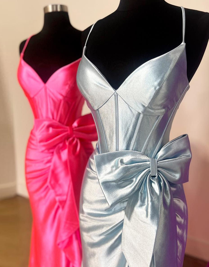 Hot Pink Mermaid Spaghetti Straps Corset Satin Bow Long Prom Dress with Slit