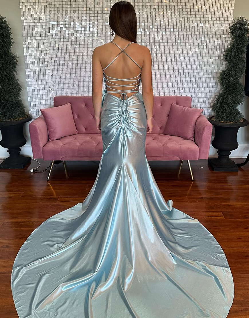 Hot Pink Mermaid Spaghetti Straps Corset Satin Bow Long Prom Dress with Slit