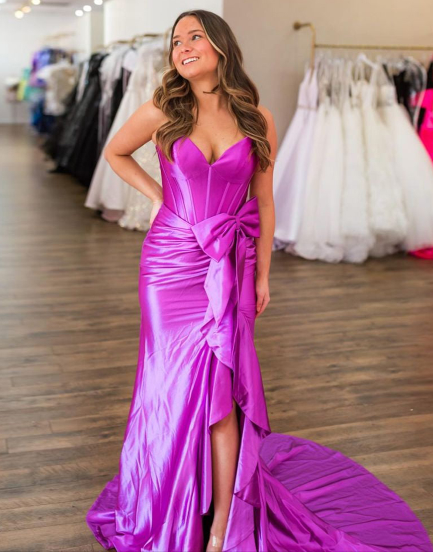 Hot Pink Mermaid Spaghetti Straps Corset Satin Bow Long Prom Dress with Slit