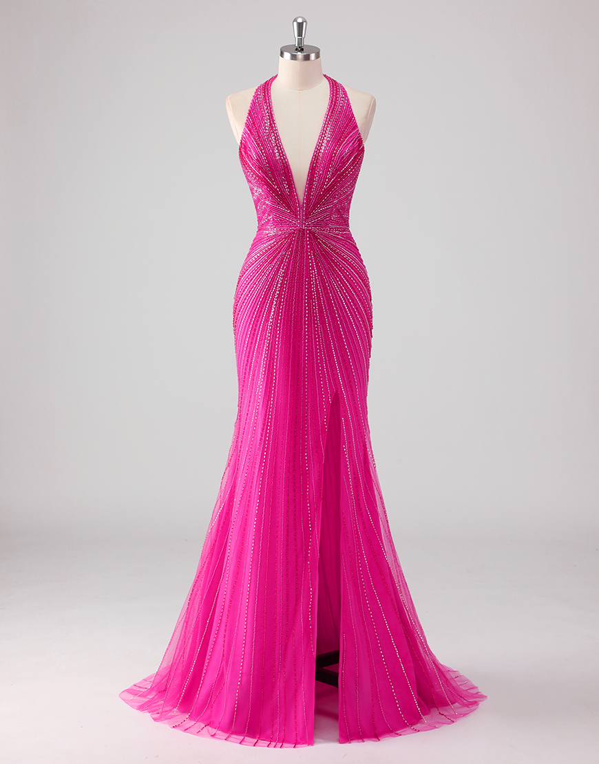 Sparkly Fuchsia Mermaid Halter Beading Long Prom Dress with Slit