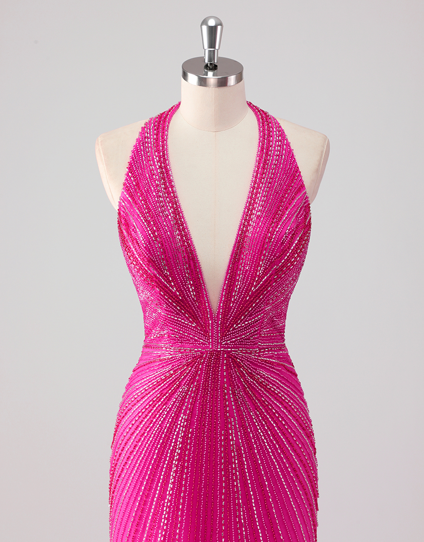 Sparkly Fuchsia Mermaid Halter Beading Long Prom Dress with Slit