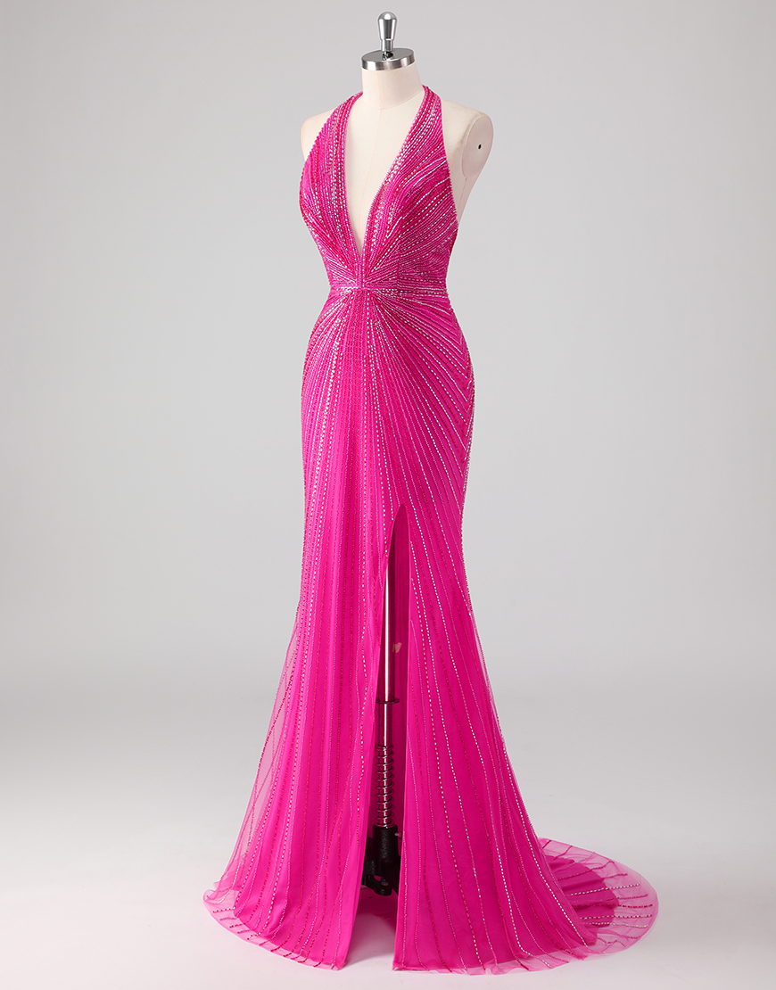 Sparkly Fuchsia Mermaid Halter Beading Long Prom Dress with Slit