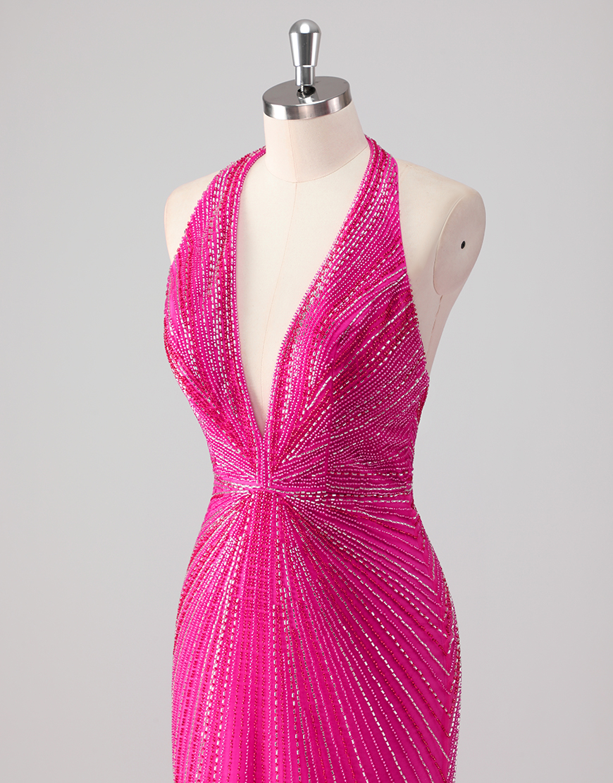 Sparkly Fuchsia Mermaid Halter Beading Long Prom Dress with Slit
