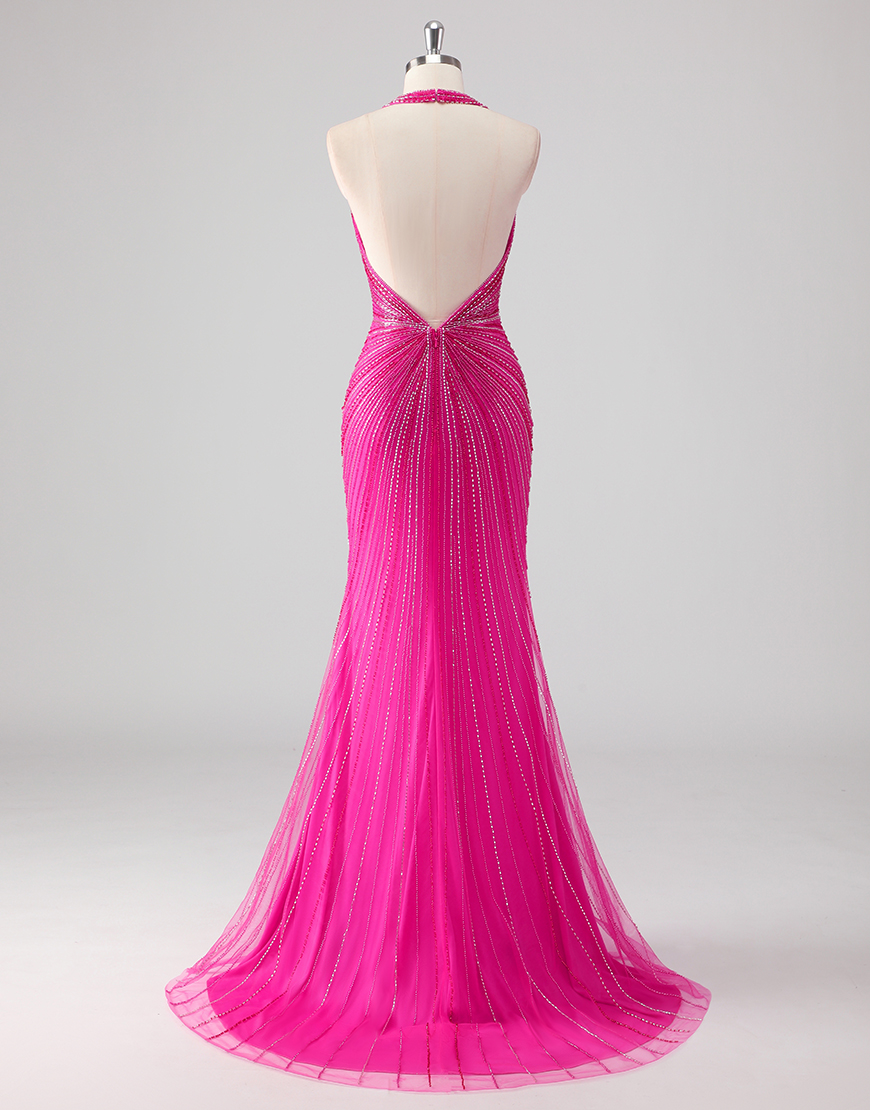 Sparkly Fuchsia Mermaid Halter Beading Long Prom Dress with Slit