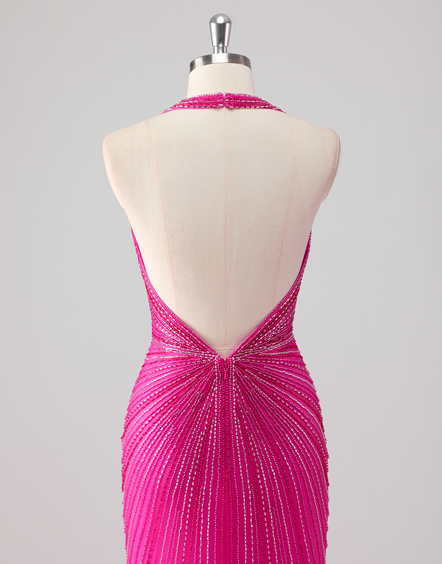 Sparkly Fuchsia Mermaid Halter Beading Long Prom Dress with Slit