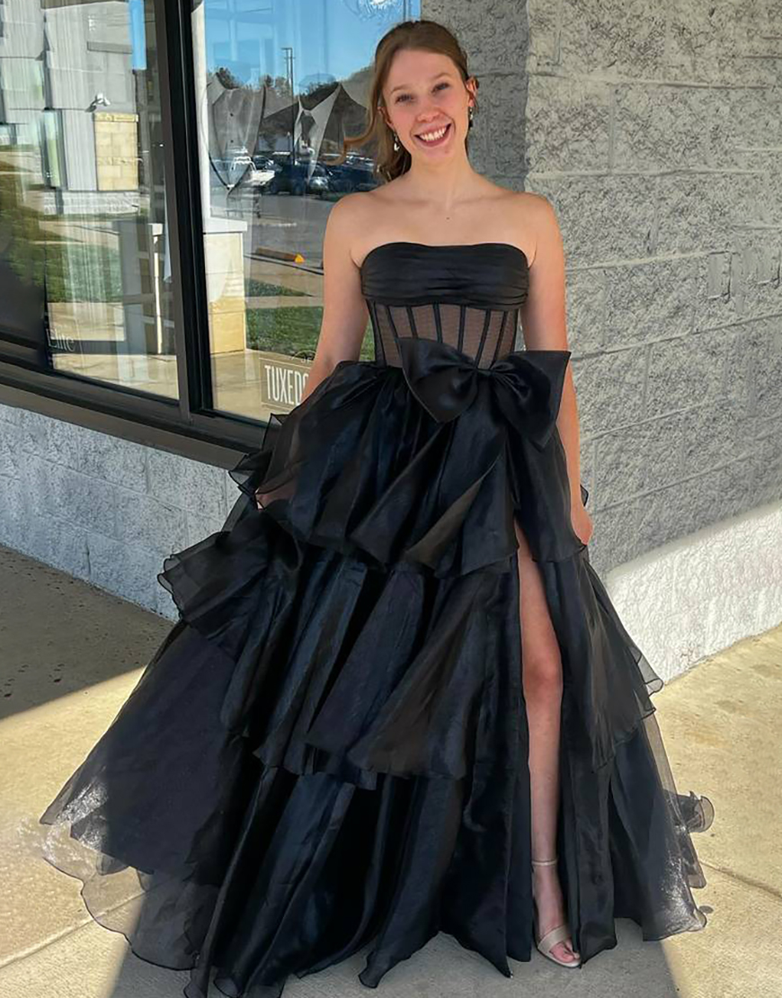 Fuchsia A-Line Strapless Corset Ruffle Tulle Long Prom Dress with Slit