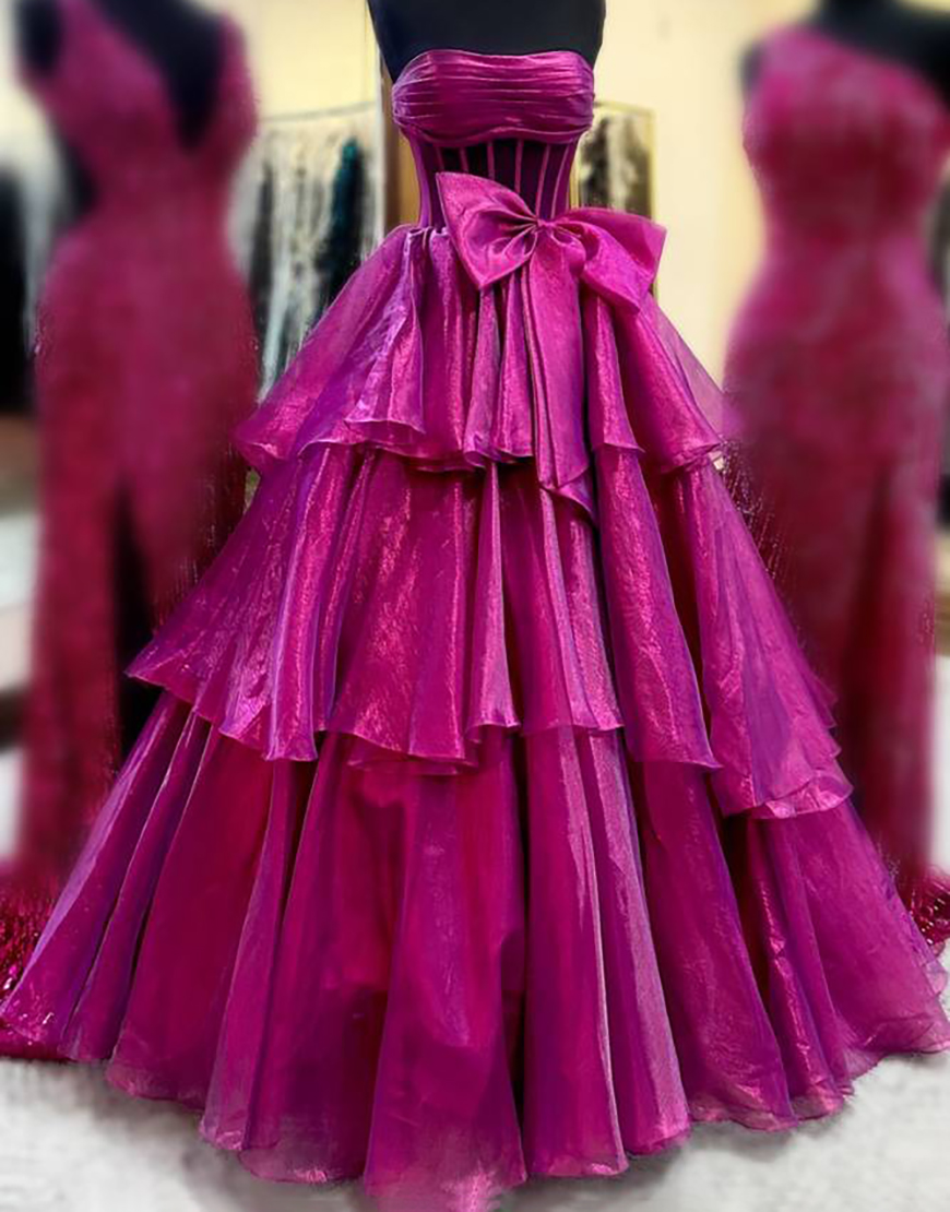 Fuchsia A-Line Strapless Corset Ruffle Tulle Long Prom Dress with Slit