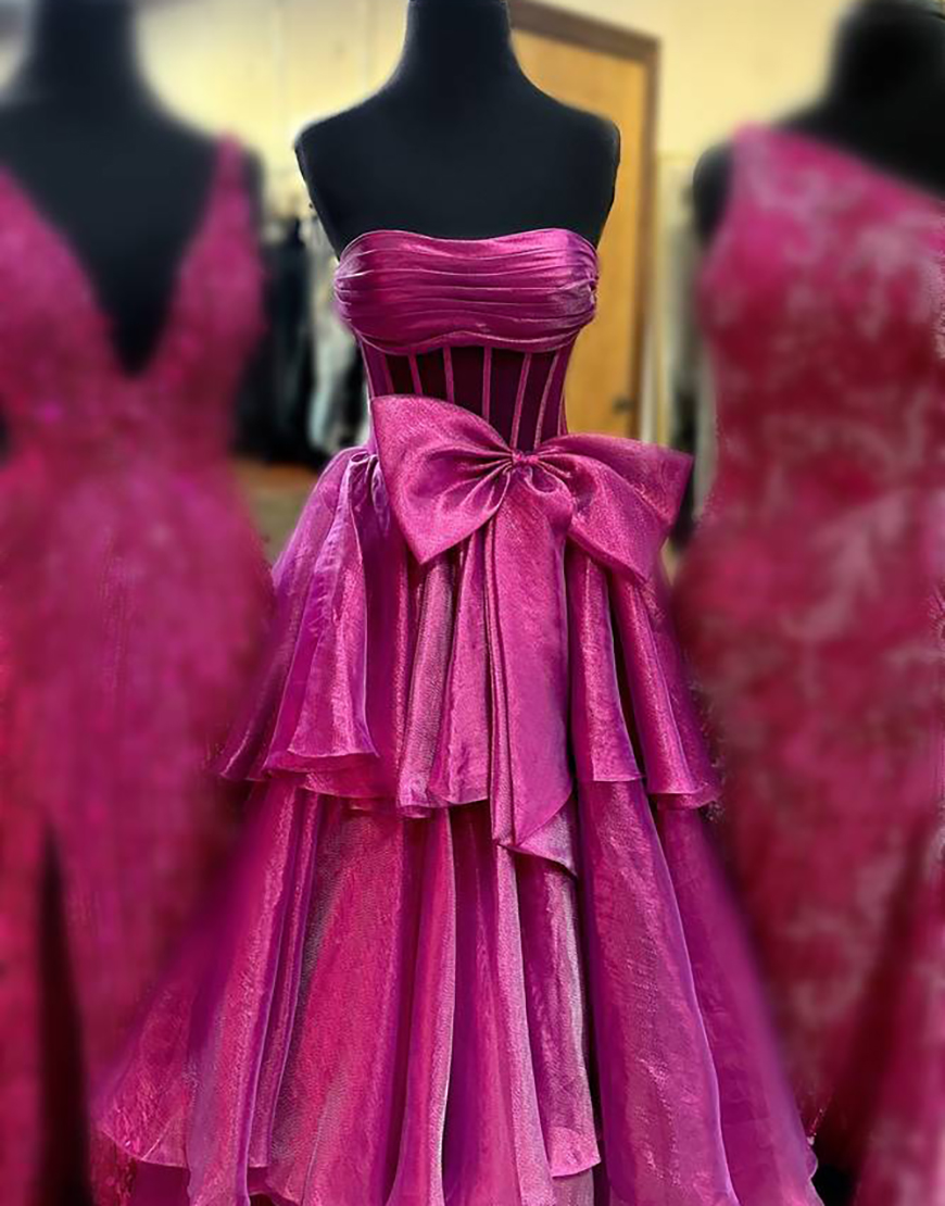 Fuchsia A-Line Strapless Corset Ruffle Tulle Long Prom Dress with Slit