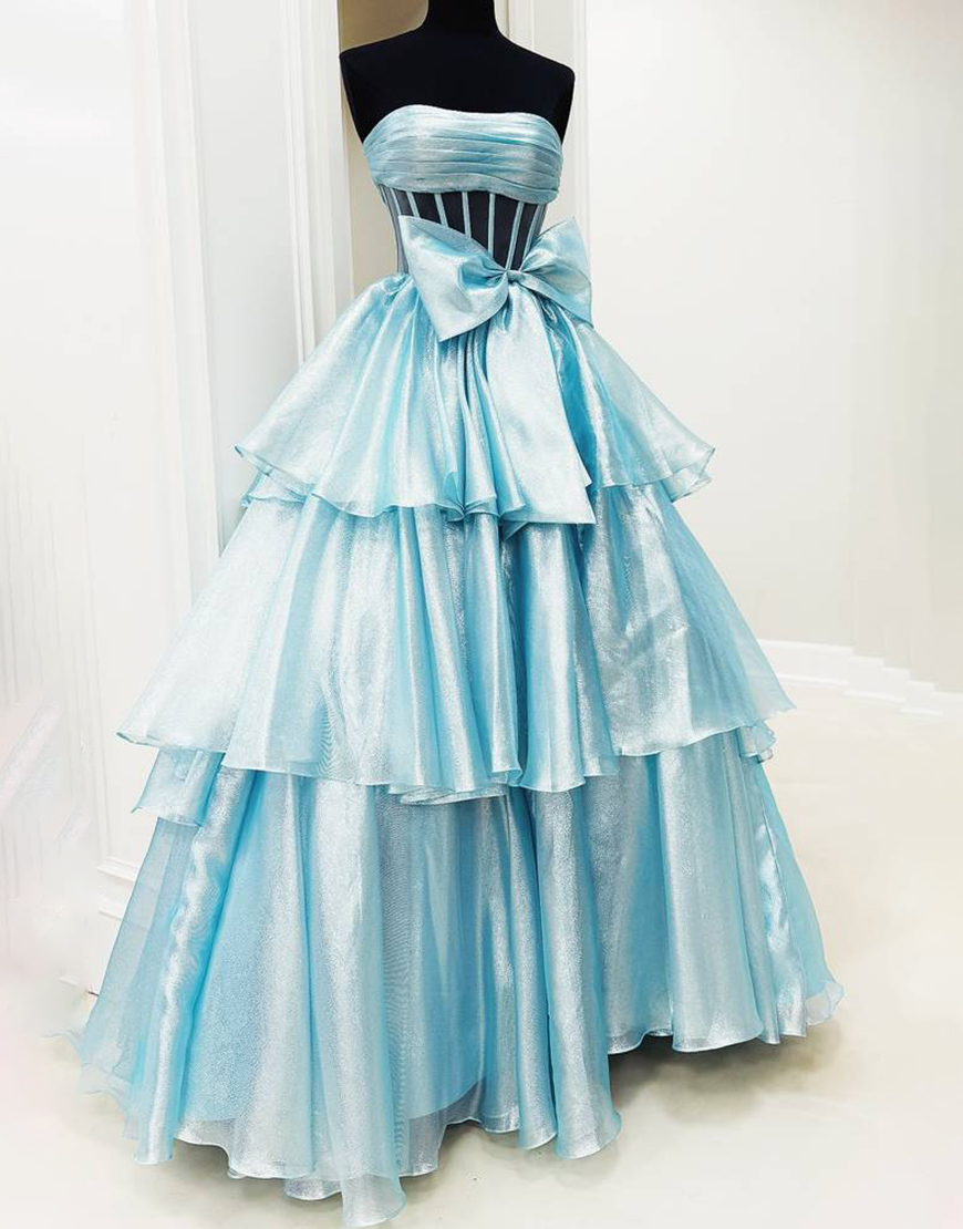 Fuchsia A-Line Strapless Corset Ruffle Tulle Long Prom Dress with Slit