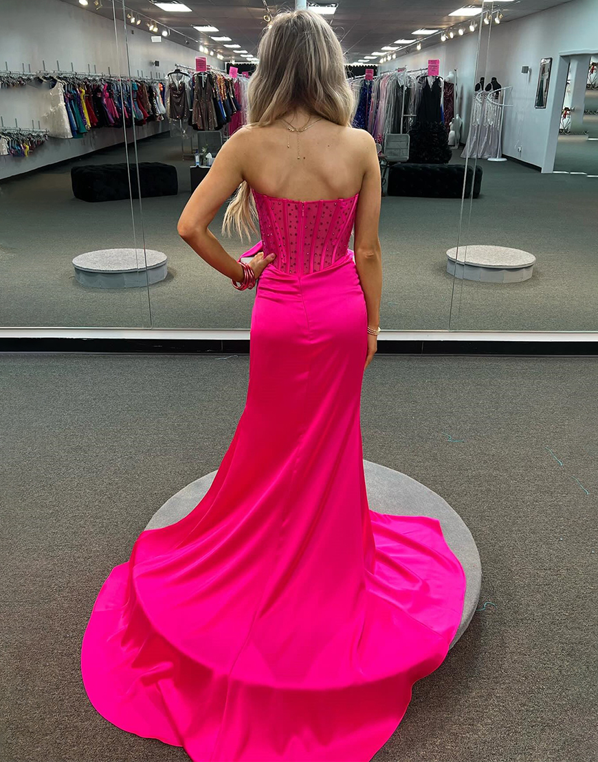 Sparkly Royal Blue Mermaid Strapless Beaded Corset Satin Long Prom Dress with Slit