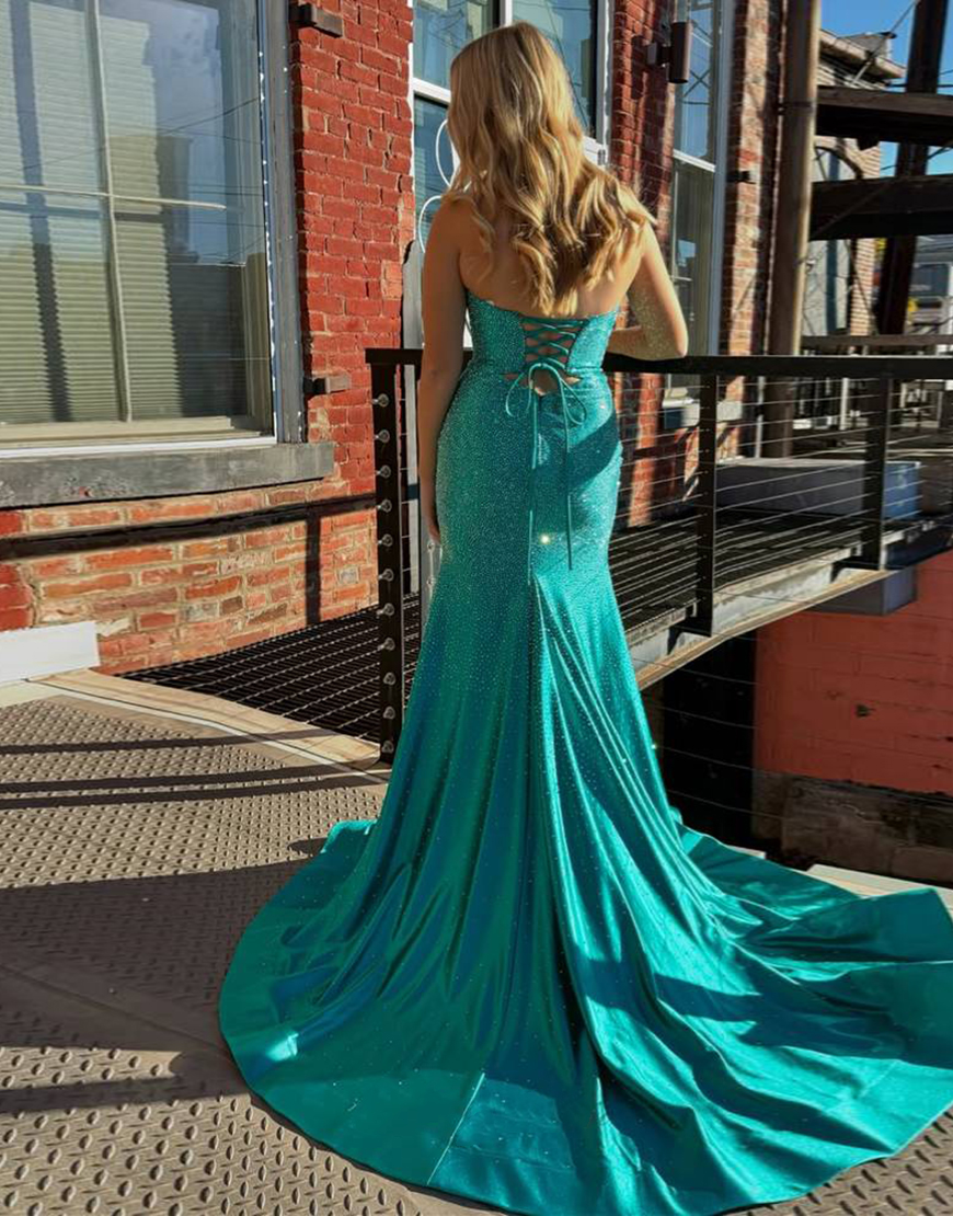 Sparkly Peacock Green Beaded Strapless Mermaid Hollow Out Long Prom Dress with Slit