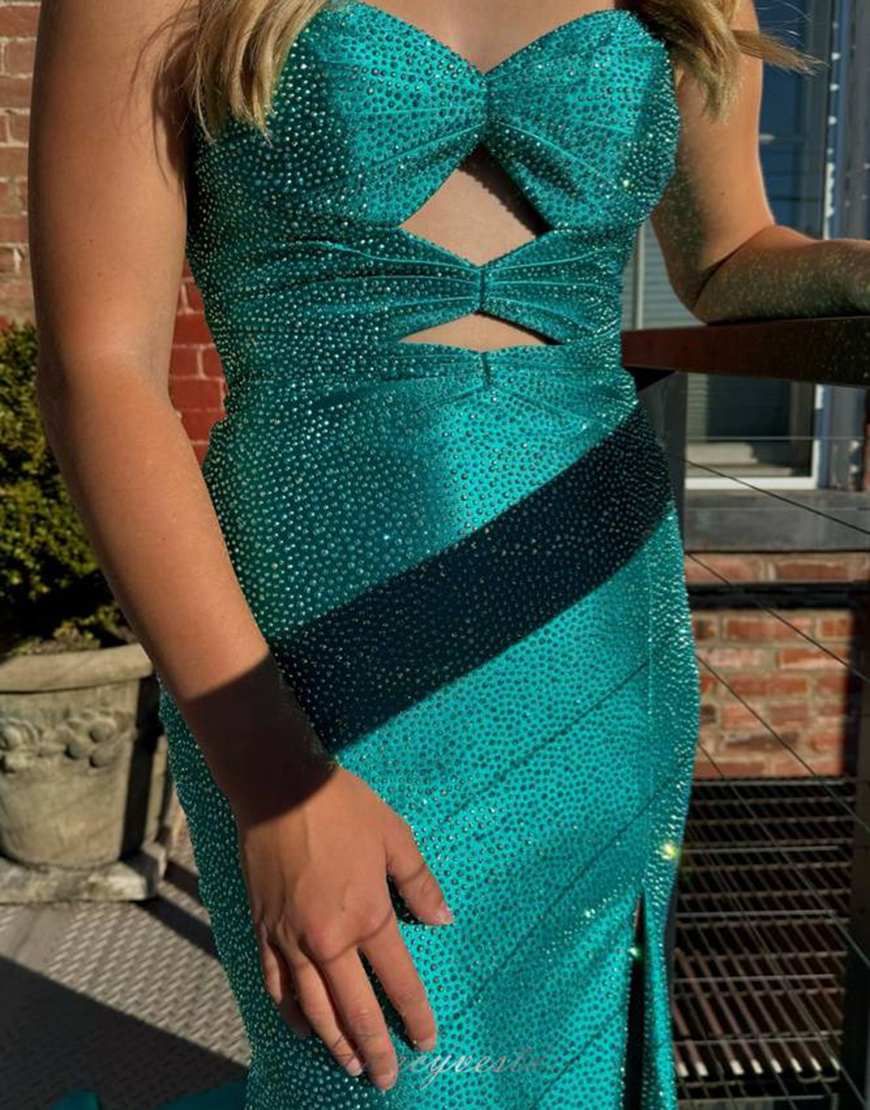 Sparkly Peacock Green Beaded Strapless Mermaid Hollow Out Long Prom Dress with Slit