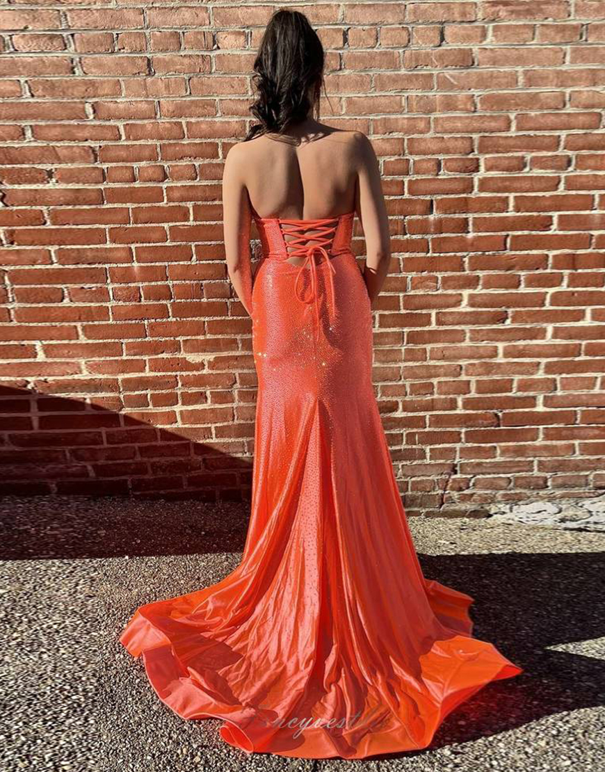 Sparkly Orange Beaded Strapless Mermaid Hollow Out Long Prom Dress with Slit