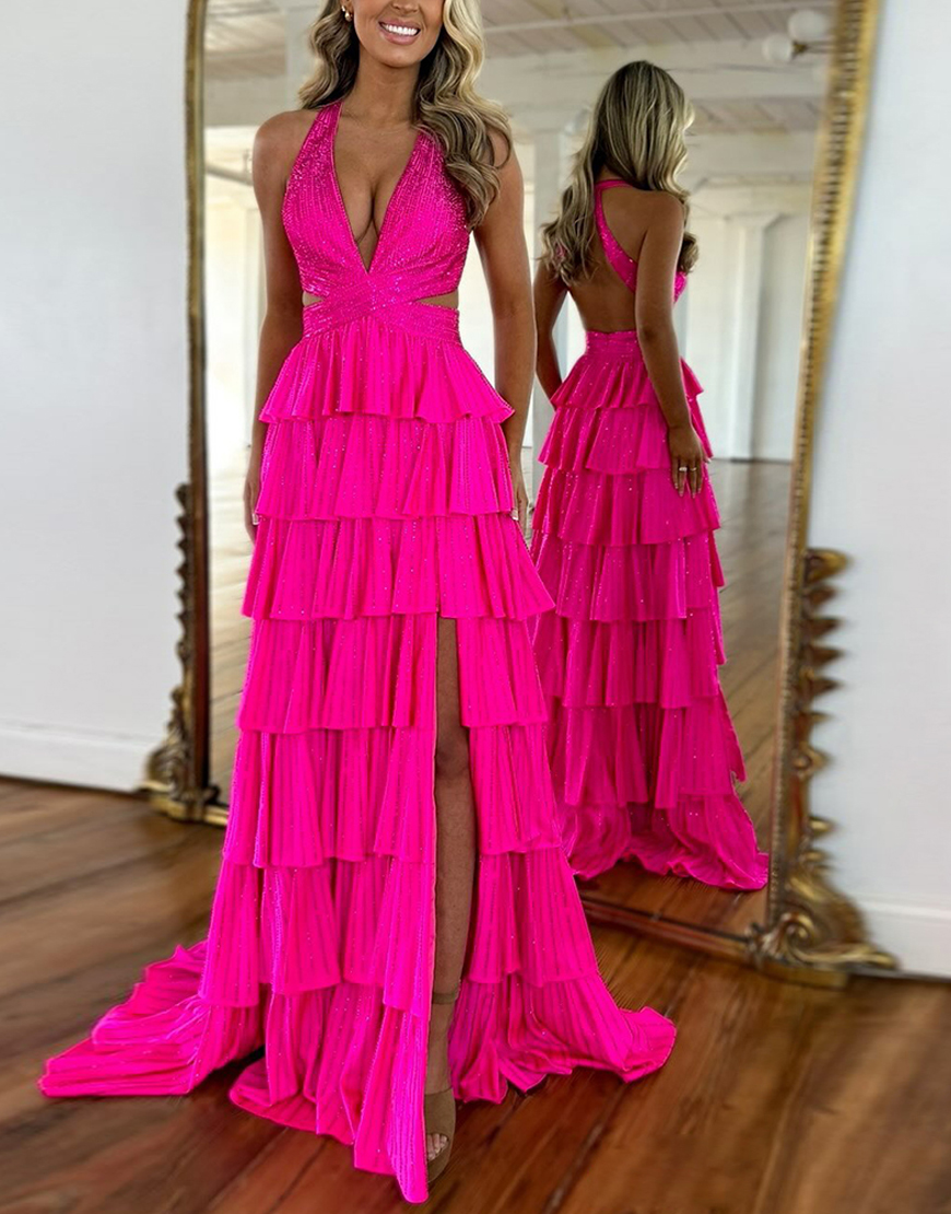 Berlinnova Women Sparkly Fuchsia Cut-Out Long Prom Dress with Ruffles Halter Beaded Tiered A-Line Pageant Dress with Slit