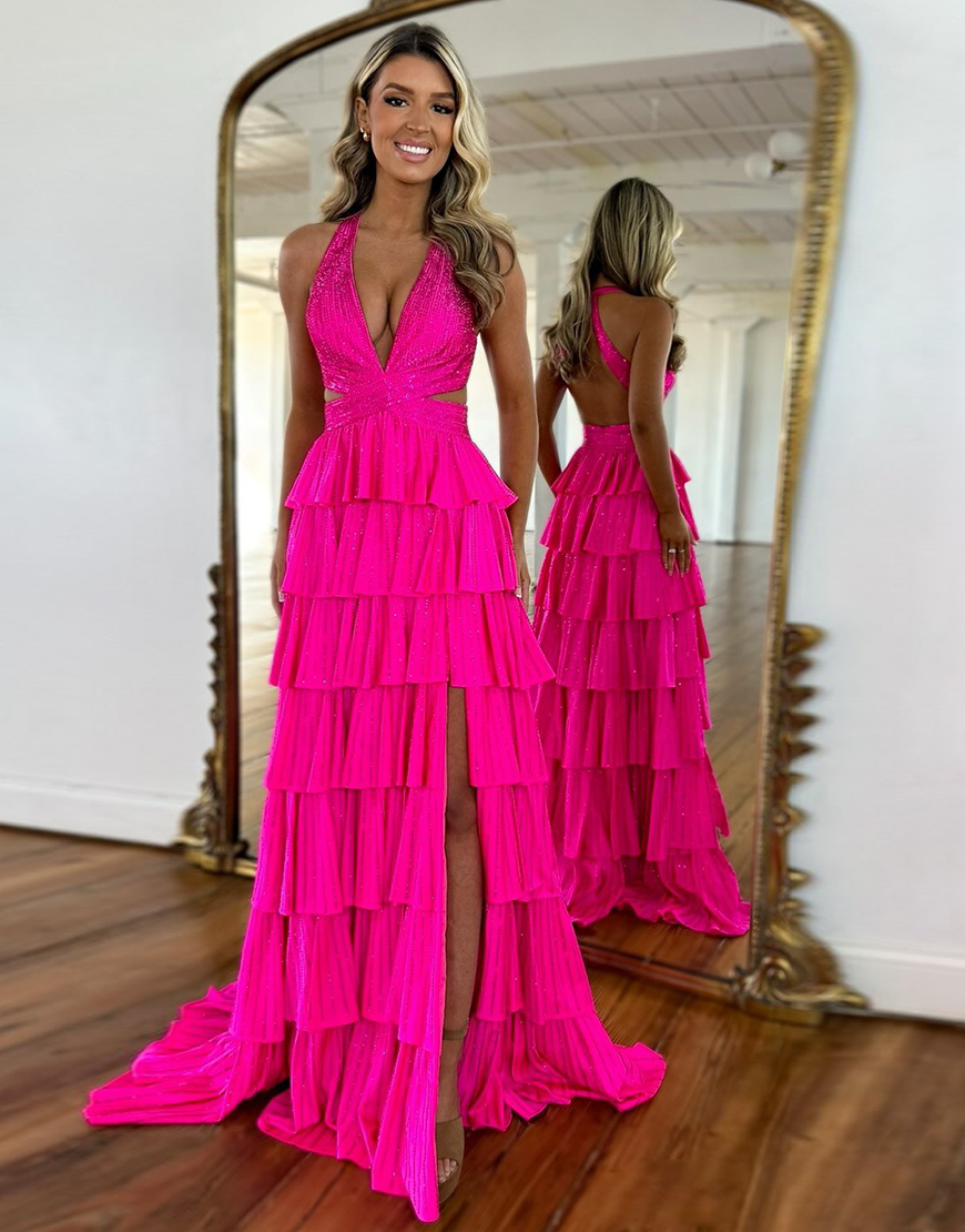 Sparkly Fuchsia A-Line Halter Beaded Ruffles Long Prom Dress with Slit