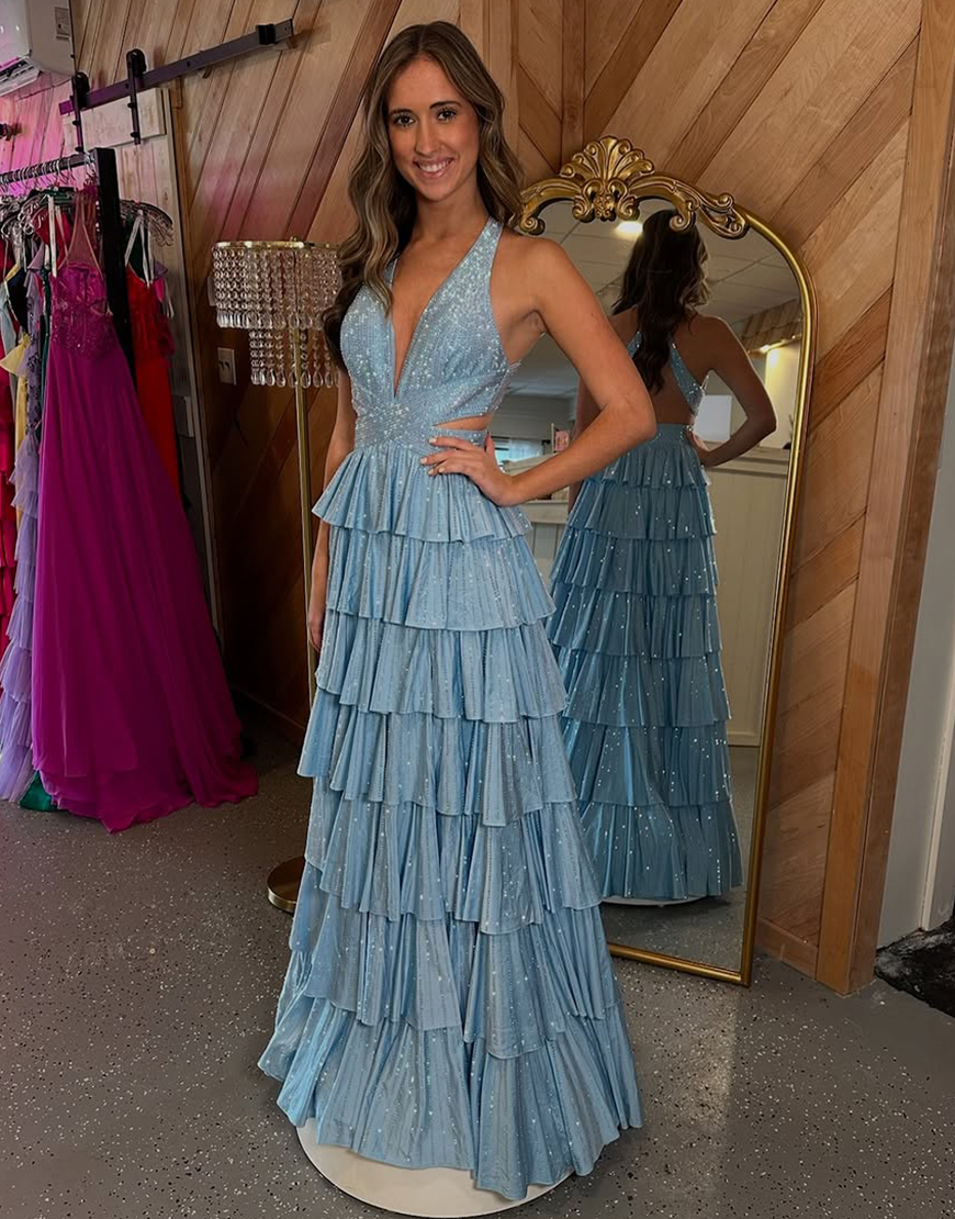 Sparkly Fuchsia A-Line Halter Beaded Ruffles Long Prom Dress with Slit