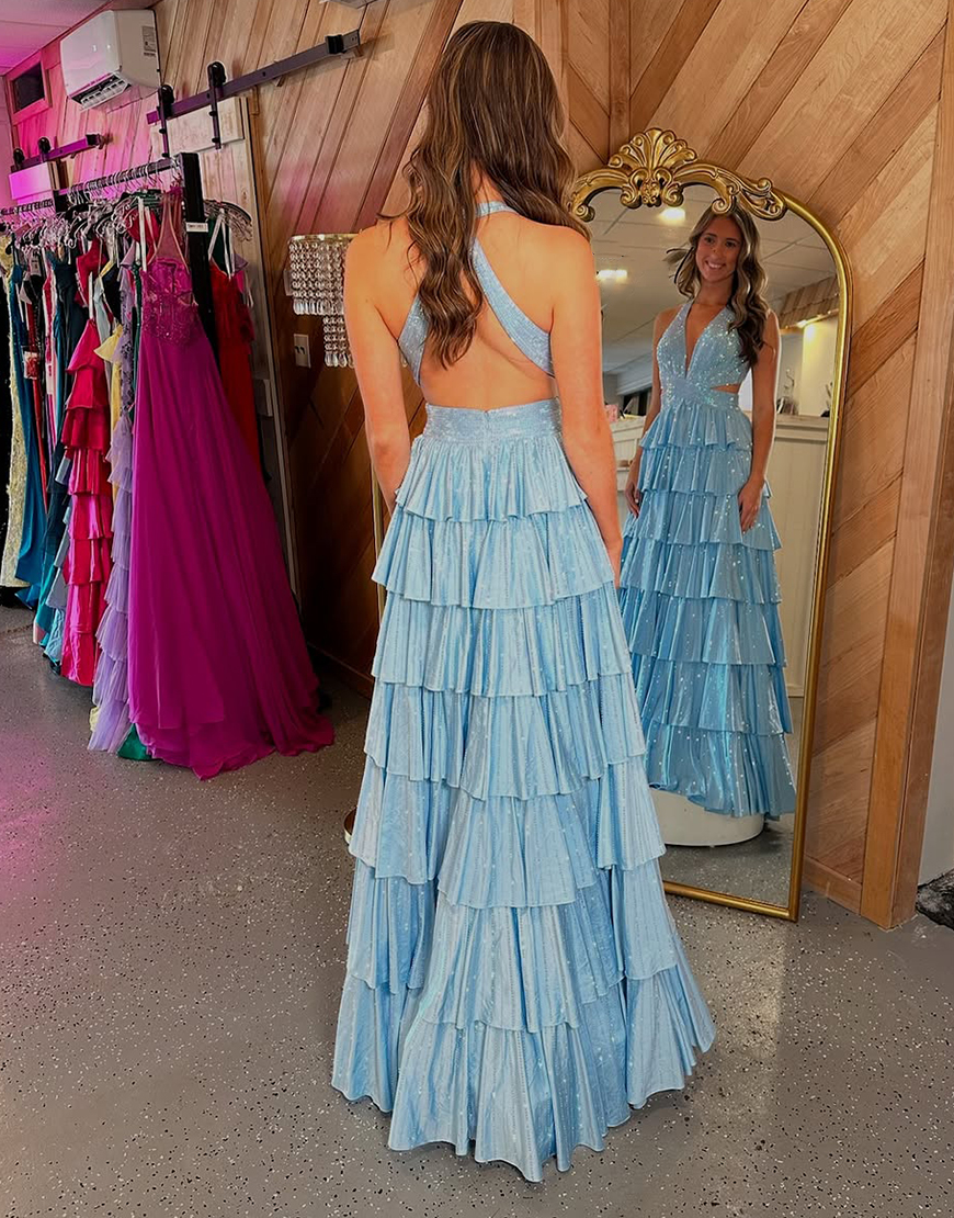 Sparkly Fuchsia A-Line Halter Beaded Ruffles Long Prom Dress with Slit