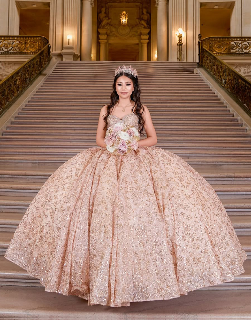 Berlinnova Women Sparkly Dusty Rose Quinceanera Dress Ball Gown Off the Shoulder Rhinestones Appliques Ruffles Bows Sweet 16 Dress