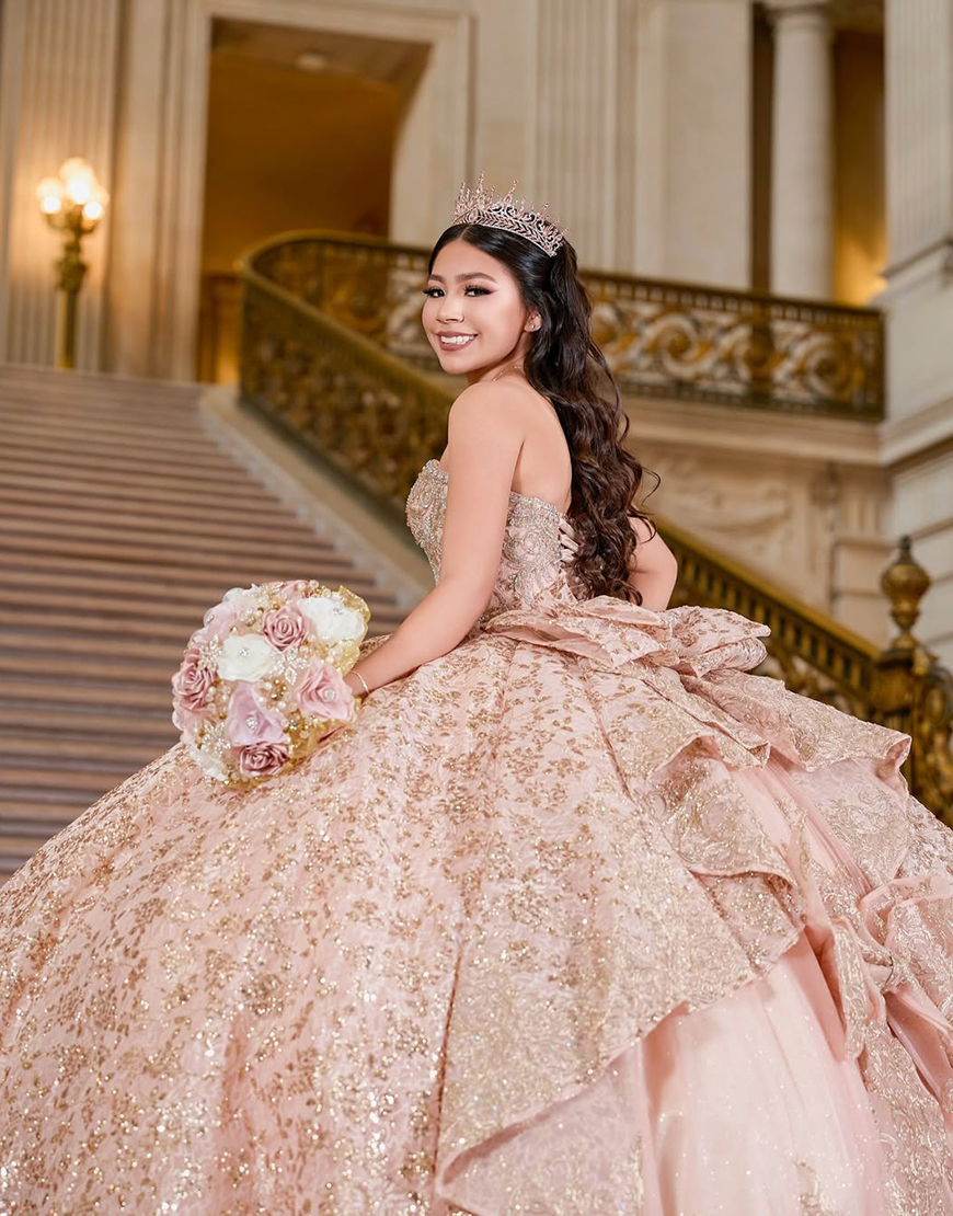 Berlinnova Women Sparkly Dusty Rose Quinceanera Dress Ball Gown Off the Shoulder Rhinestones Appliques Ruffles Bows Sweet 16 Dress