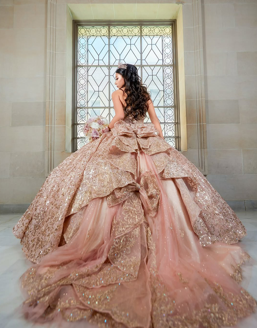 Berlinnova Women Sparkly Dusty Rose Quinceanera Dress Ball Gown Off the Shoulder Rhinestones Appliques Ruffles Bows Sweet 16 Dress