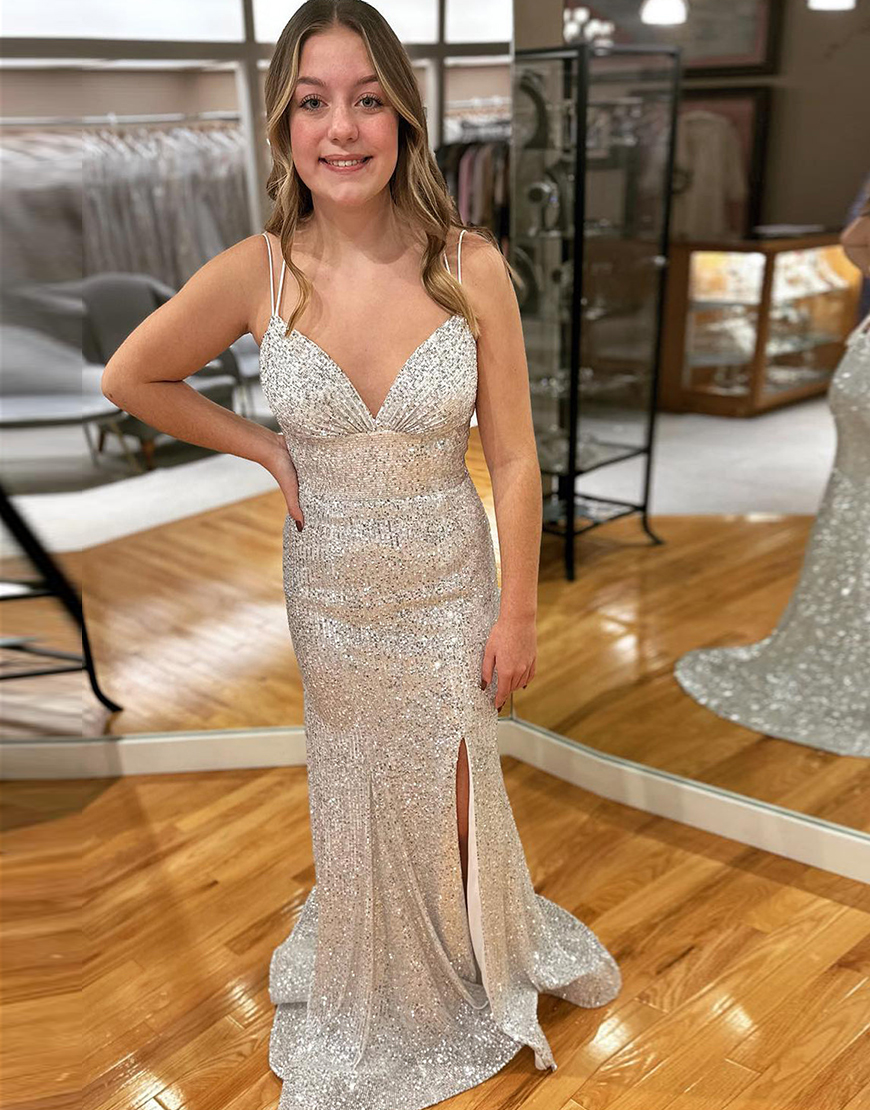 Berlinnova Women Sparkly Silver Long Prom Dress Mermaid Spaghetti Straps Sequins Pageant Dress with Slit