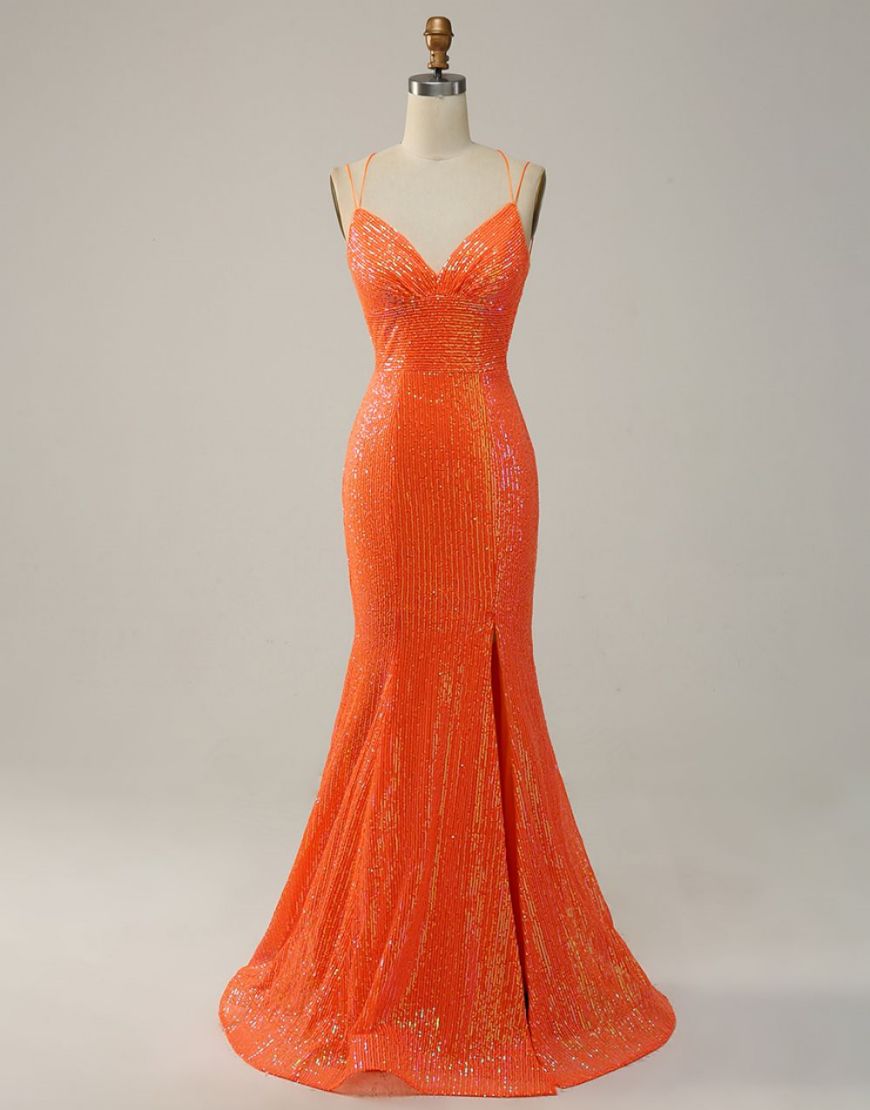 Berlinnova Women Sparkly Orange Long Prom Dress Mermaid Spaghetti Straps Sequins Pageant Dress with Slit
