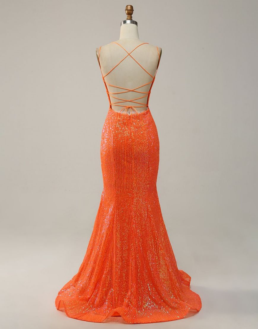 Berlinnova Women Sparkly Orange Long Prom Dress Mermaid Spaghetti Straps Sequins Pageant Dress with Slit