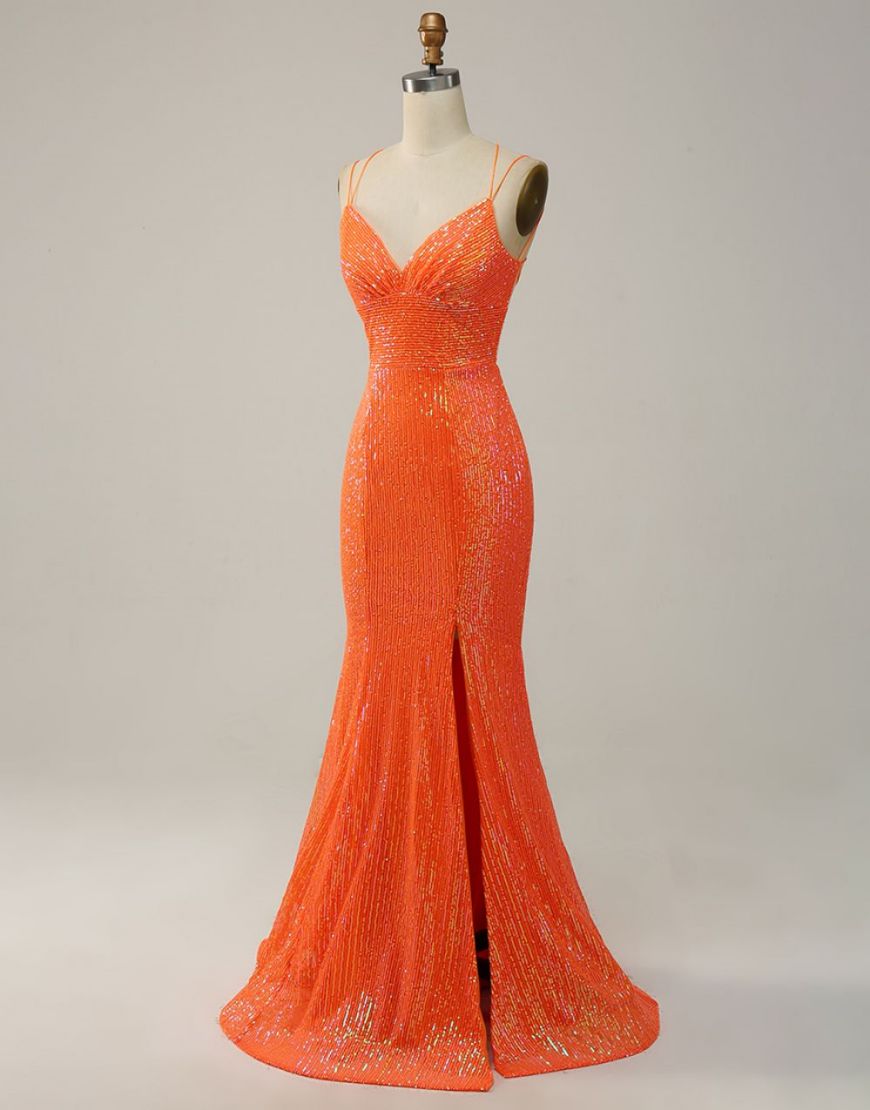 Berlinnova Women Sparkly Orange Long Prom Dress Mermaid Spaghetti Straps Sequins Pageant Dress with Slit