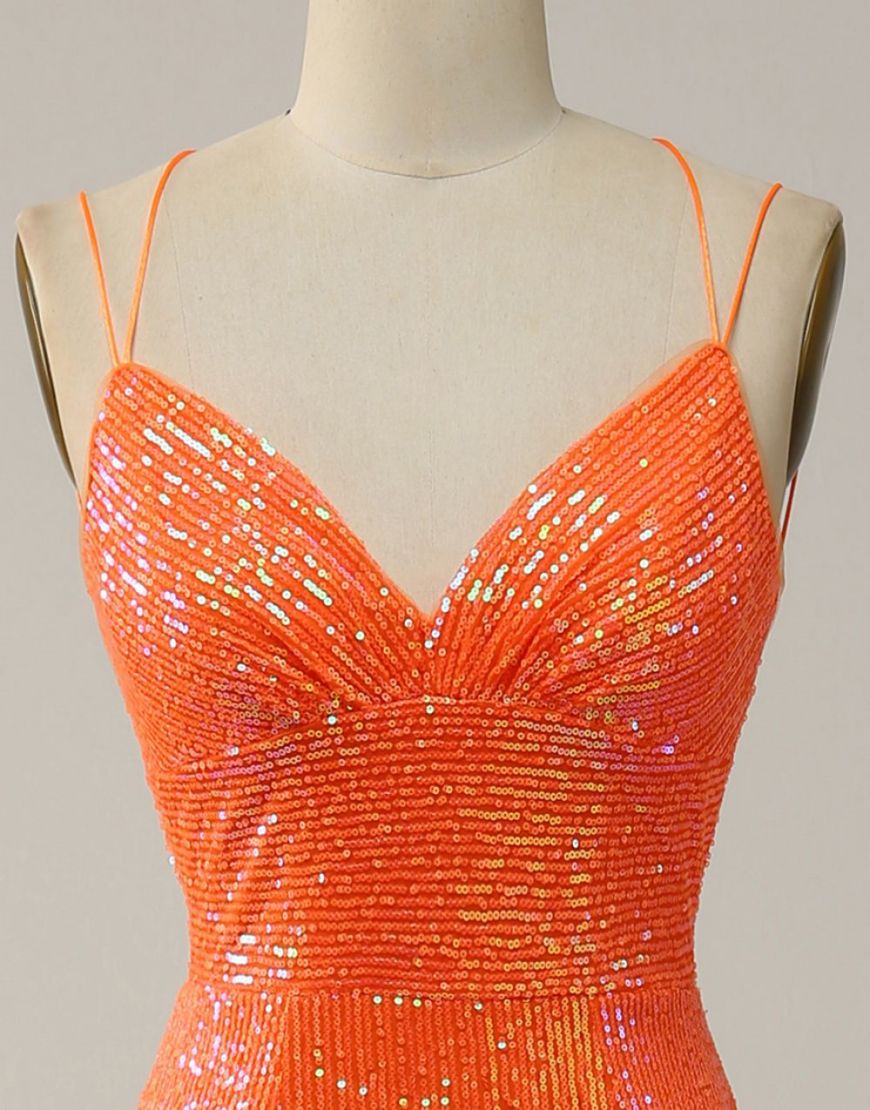 Berlinnova Women Sparkly Orange Long Prom Dress Mermaid Spaghetti Straps Sequins Pageant Dress with Slit