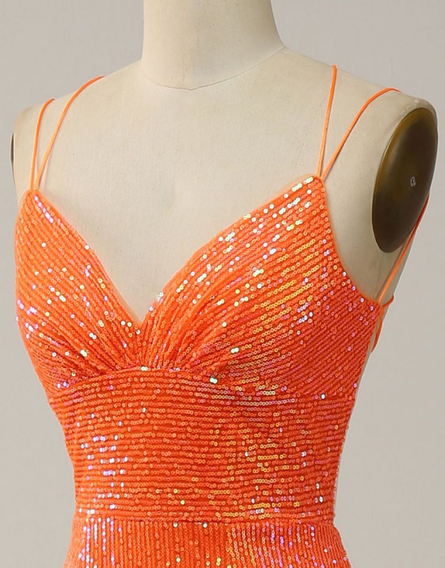 Berlinnova Women Sparkly Orange Long Prom Dress Mermaid Spaghetti Straps Sequins Pageant Dress with Slit