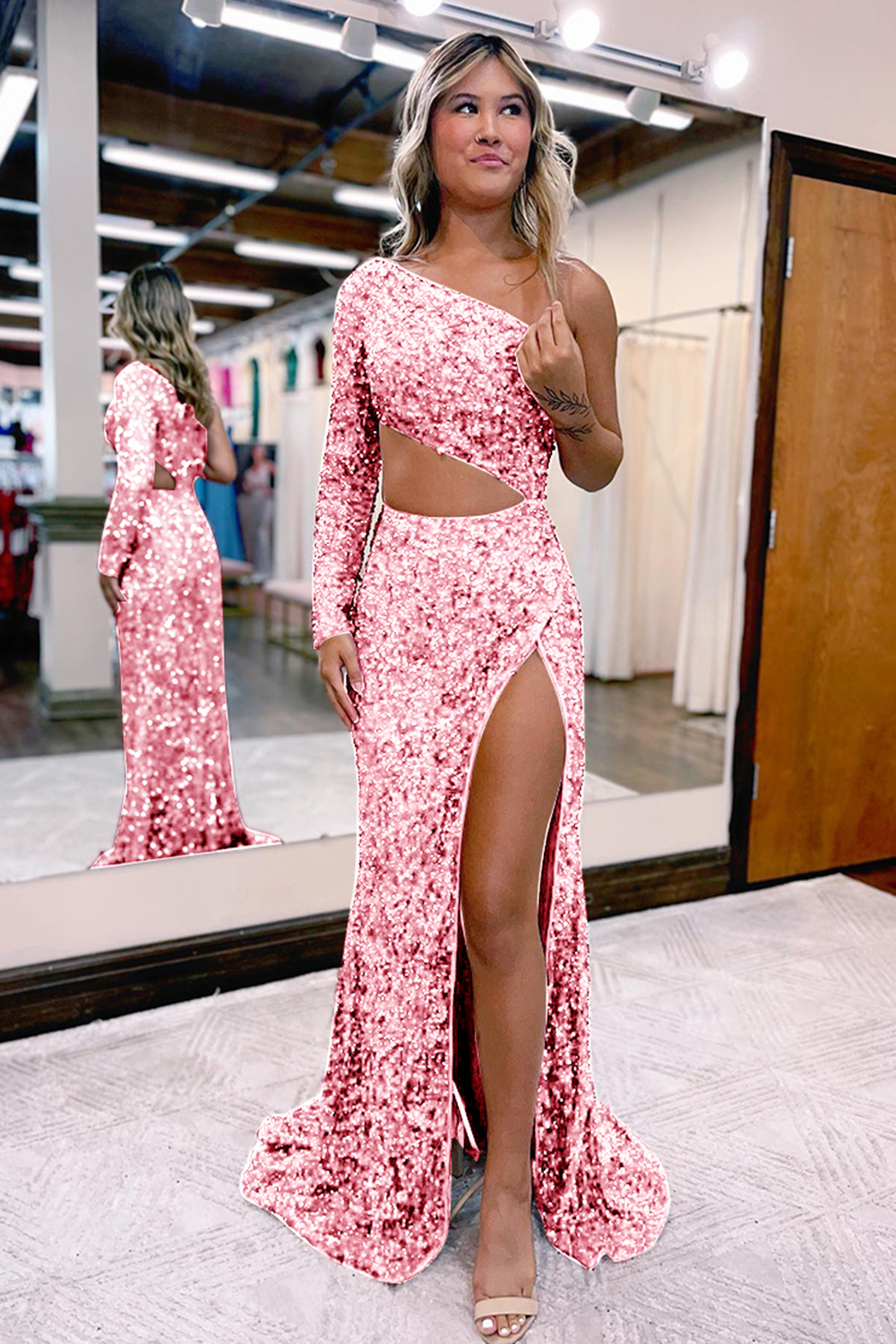 Red One Shoulder Sequin Prom Dress With Front Split