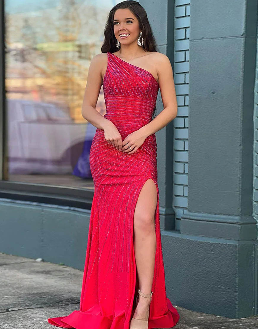 Red Mermaid One Shoulder Prom Dress With Split