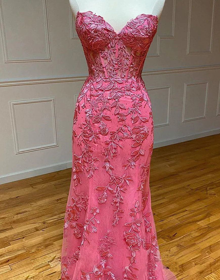 Red Mermaid Corset Back Prom Dress With Appliques