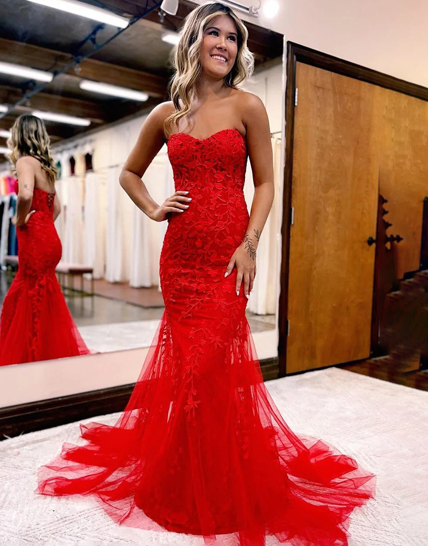 Berlinnova Women Red Corset Long Prom Dress Mermaid Lace Sweetheart Lace Up Back Formal Dress