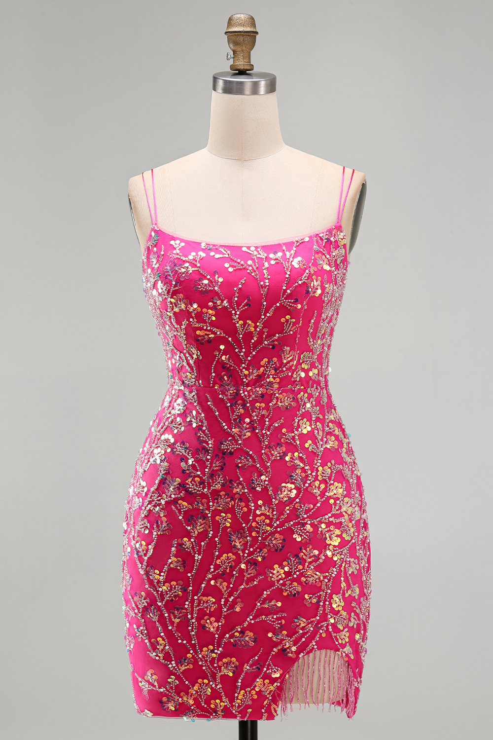 Elegant Fuchsia Beaded Tight Short Homecoming Dress with Fringes